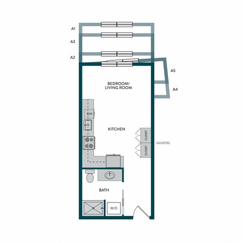 Floor plan for studio, 1 bath, 400 sqft